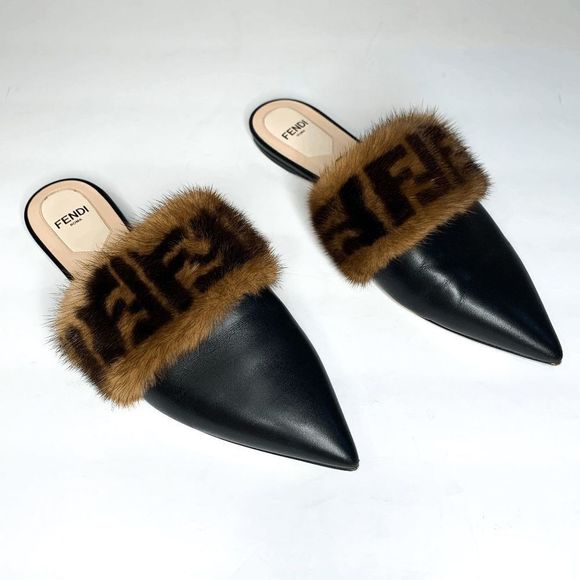 Fendi Shoes - Fendi Leather Flat Mule with FF Fur Trim Black Brown EU 36.5 US 6.5 Loafers